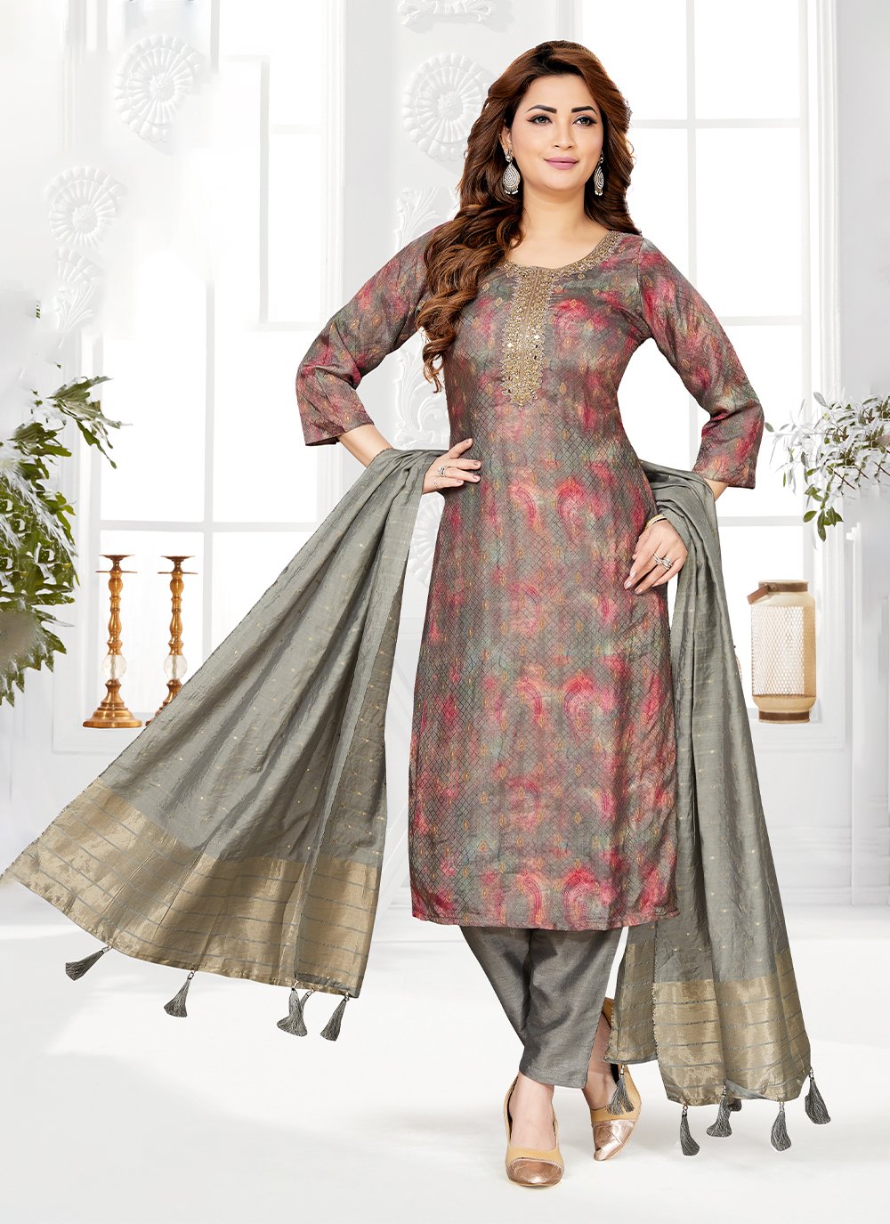 Unstitched Pure Cotton Women Grey Punjabi Suits Dress Material – Stilento