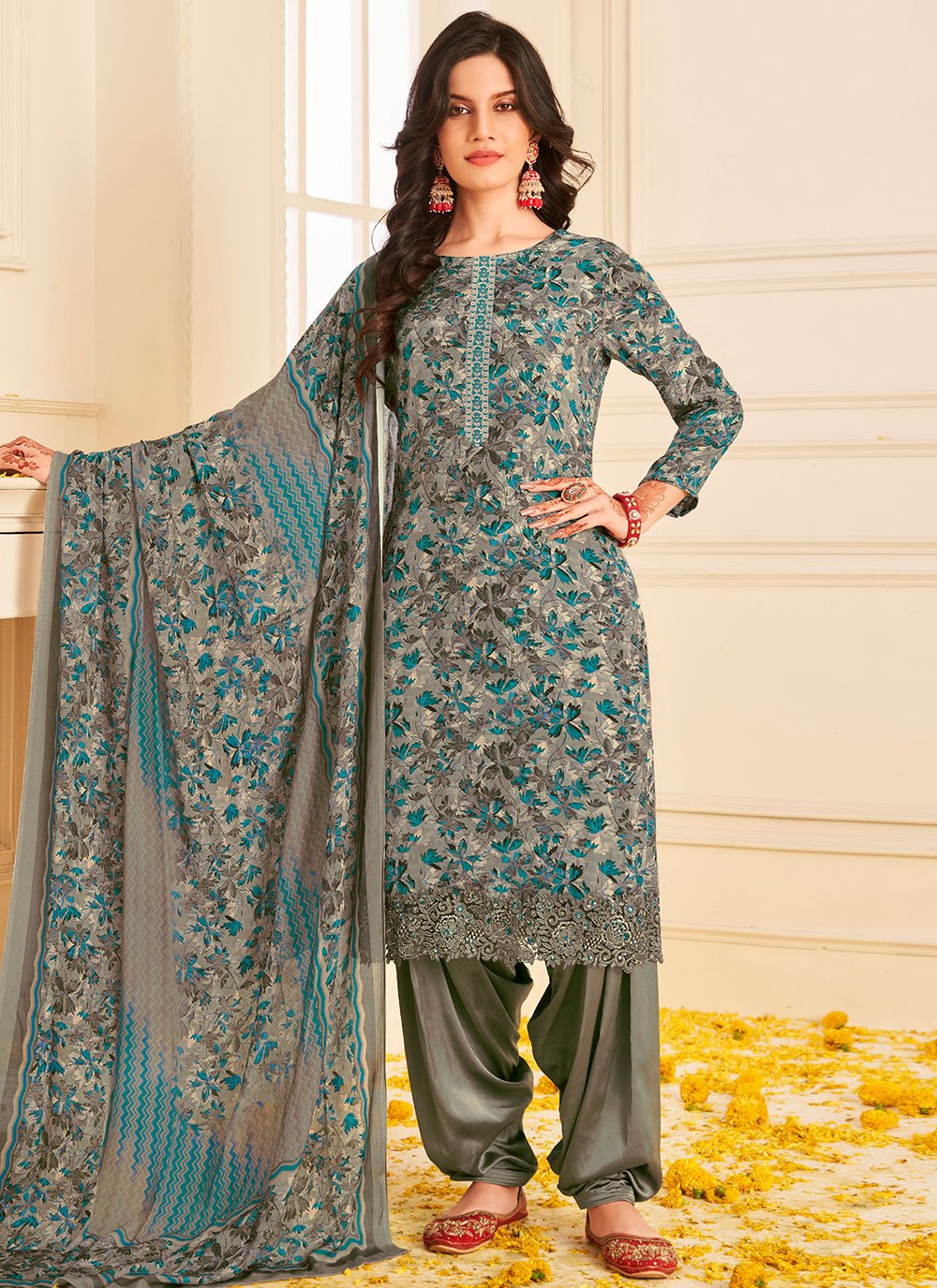 Blue Colour Silk Fabric Patiala Salwar Suit.