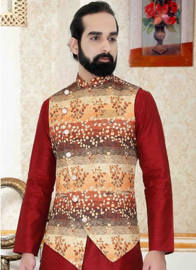 Multi Colour Weaving Art Silk Nehru Jackets