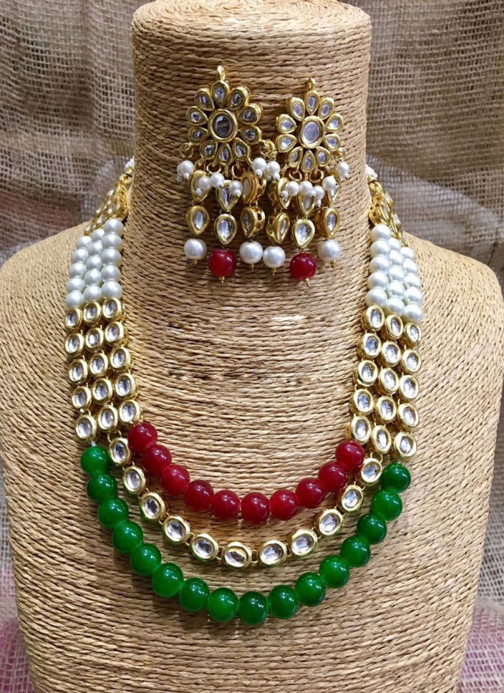 White Colour Beads Pendant with Beads Necklace India Jewellery Saree Salwar