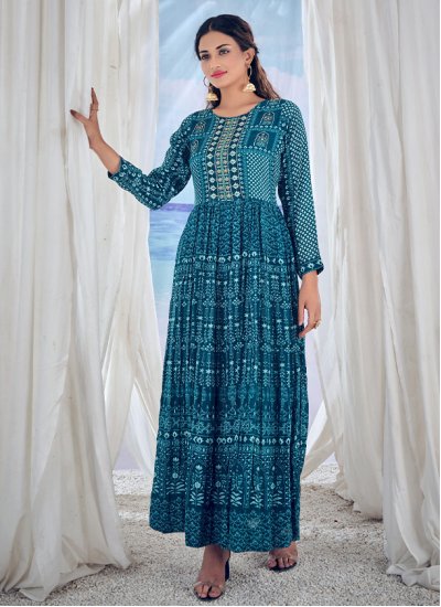 Muslin Aqua Blue Embroidered Readymade Gown