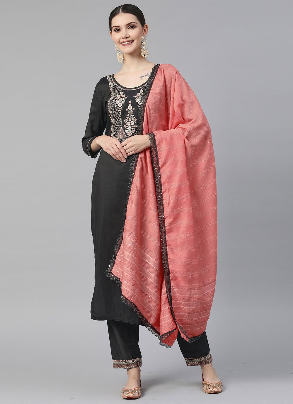 Muslin Embroidered Black Readymade Salwar Suit