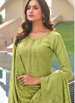 Muslin Embroidered Pant Style Suit in Green