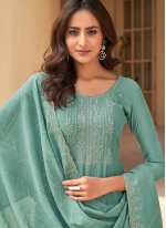 Muslin Embroidered Pant Style Suit in Sea Green
