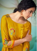 Muslin Embroidered Readymade Designer Salwar Suit in Yellow