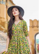 Muslin Printed Designer Gown in Yellow