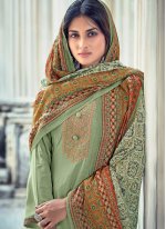 Muslin Printed Designer Straight Salwar Suit in Green