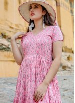 Muslin Printed Readymade Gown in Pink