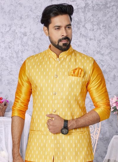 Mustard and Yellow Digital Print Mehndi Kurta Payjama With Jacket