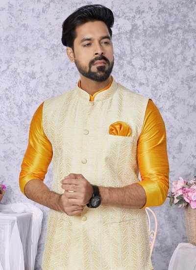 Mustard and Yellow Festival Banarasi Silk Kurta Payjama With Jacket