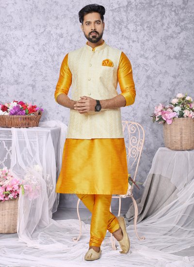 Mustard and Yellow Festival Banarasi Silk Kurta Payjama With Jacket