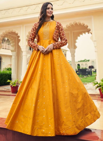 Mustard Embroidered Cotton Trendy Gown