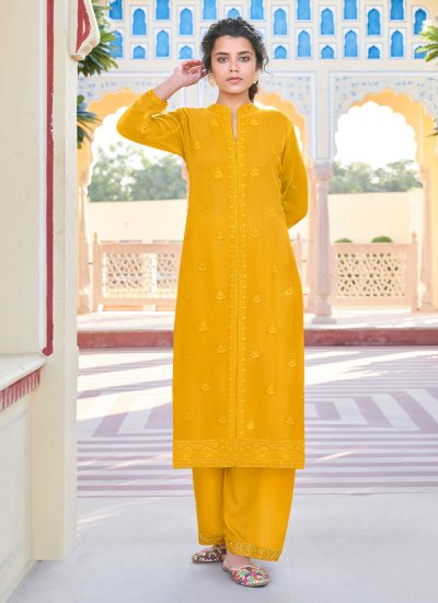 Mustard Embroidered Faux Georgette Casual Kurti