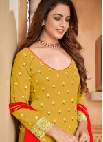 Mustard Embroidered Faux Georgette Designer Patiala Suit