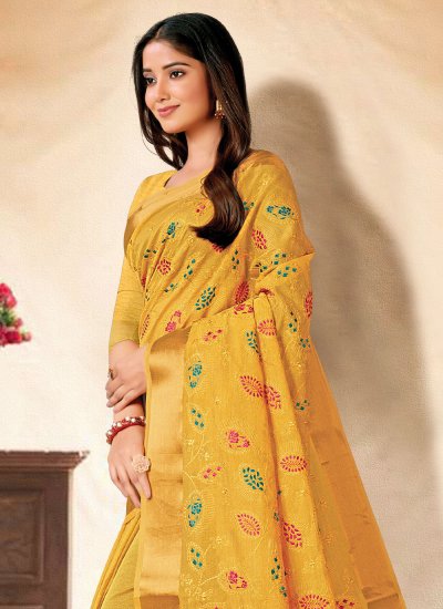 Mustard Embroidered Sangeet Contemporary Style Saree