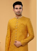 Mustard Fancy Fabric Thread Work Indo Western Sherwani
