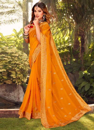 Mustard Georgette Embroidered Contemporary Saree
