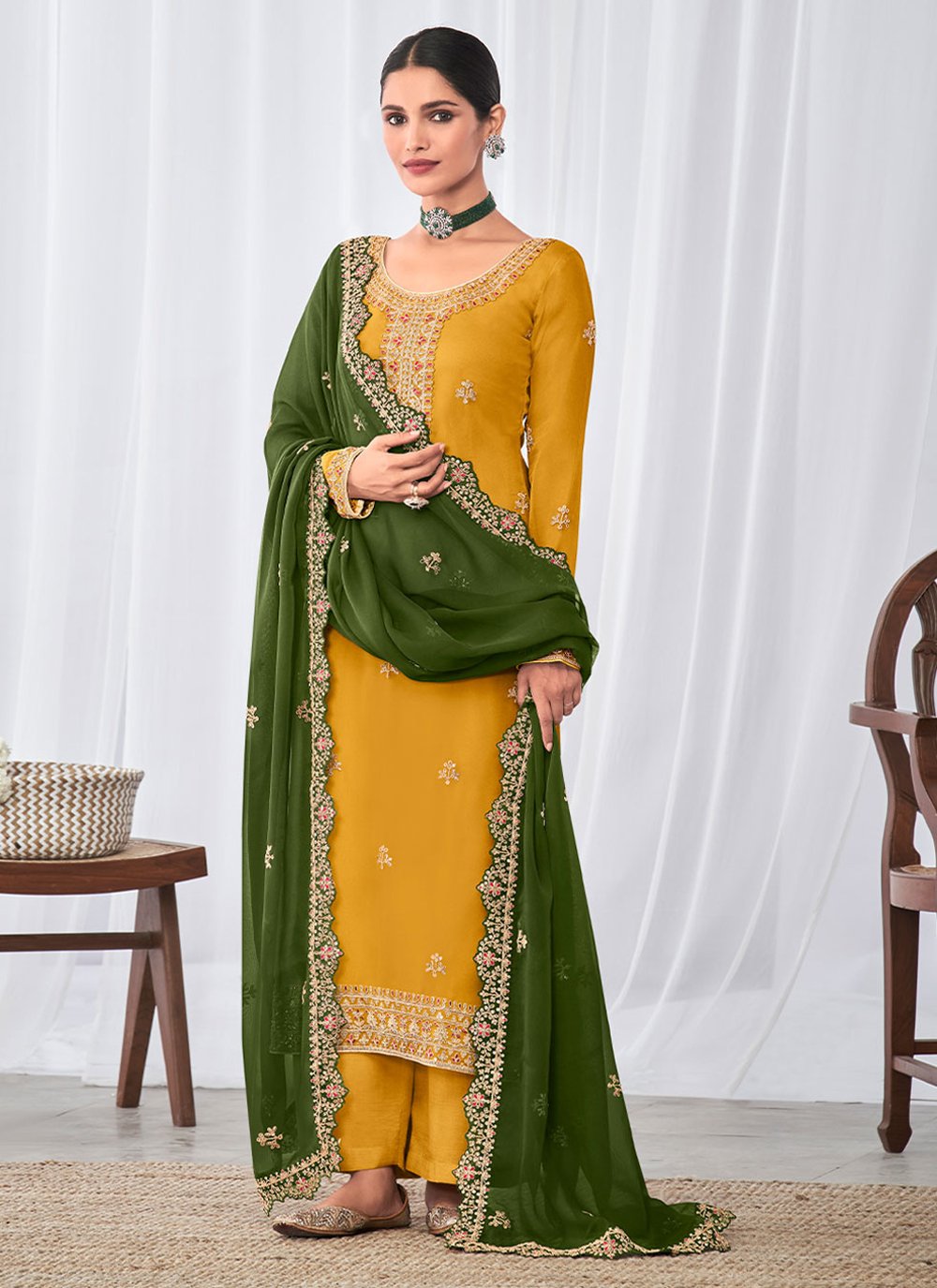 Buy Bunaai Mint Green Cotton Silk Salwar Suit Set For Women Online