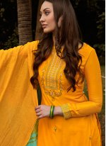 Mustard Muslin Embroidered Pant Style Suit