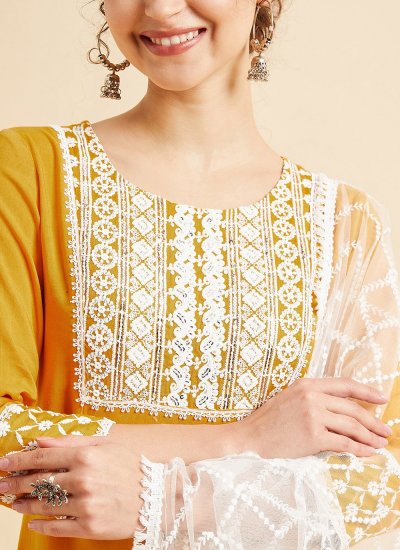 Mustard Rayon Embroidered Readymade Suit