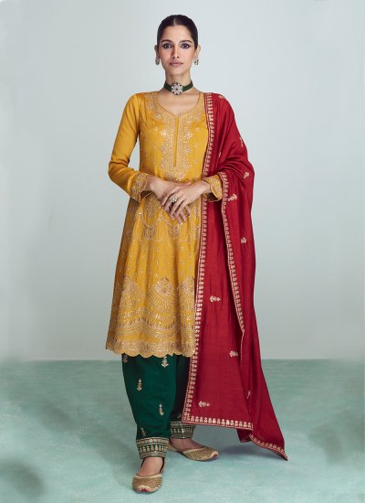 Mustard Stone Work Silk Readymade Anarkali Suit