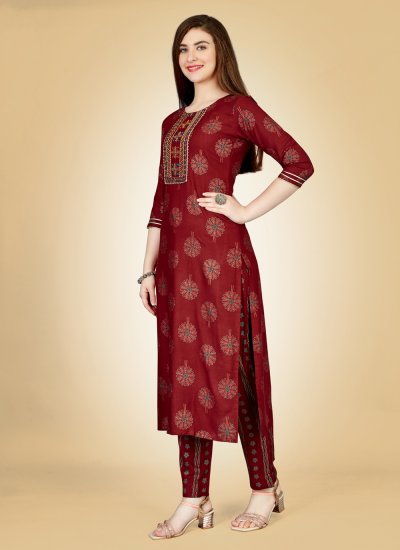 Mystical Rayon Maroon Embroidered Party Wear Kurti
