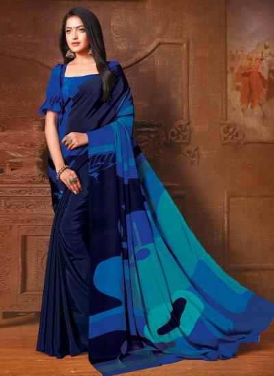 Navy Blue Abstract Print Faux Crepe Trendy Saree