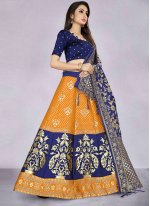 Navy Blue and Orange Banarasi Silk Jacquard Work Designer Long Lehenga Choli