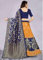 Navy Blue and Orange Banarasi Silk Jacquard Work Designer Long Lehenga Choli