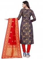 Navy Blue Banarasi Silk Churidar Designer Suit