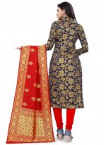 Navy Blue Banarasi Silk Churidar Designer Suit