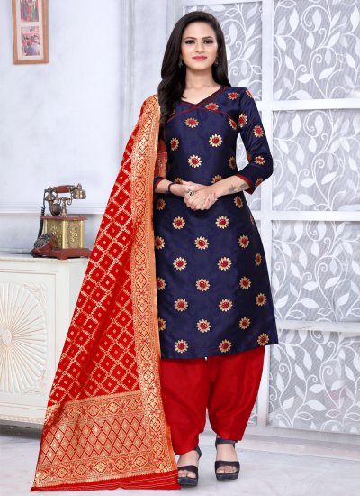 Navy Blue Banarasi Silk Weaving Punjabi Suit