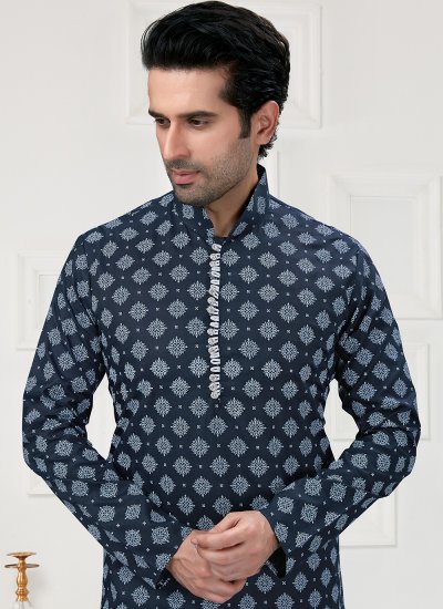 
                            Navy Blue Cotton Printed Kurta Pyjama