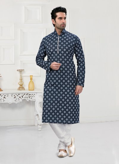 Navy Blue Cotton Printed Kurta Pyjama