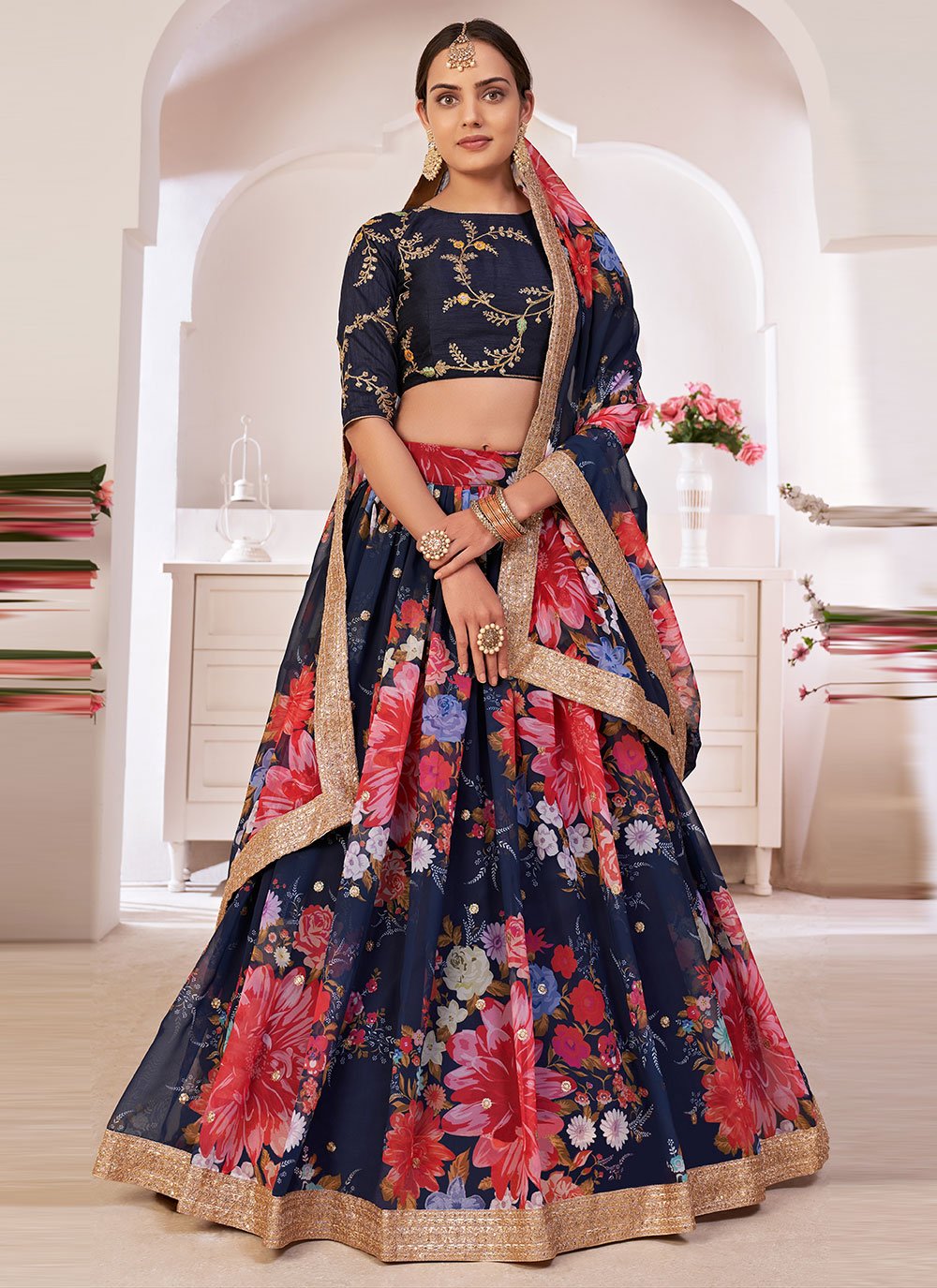 PURVAJA Navy Blue & Pink Ready to Wear Lehenga & Blouse With Dupatta -  Absolutely Desi