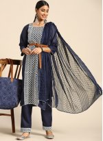 Navy Blue Embroidered Blended Cotton Pant Style Suit