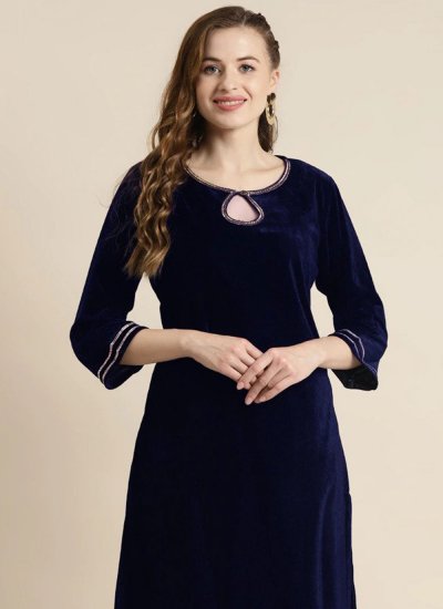 Navy Blue Embroidered Casual Kurti