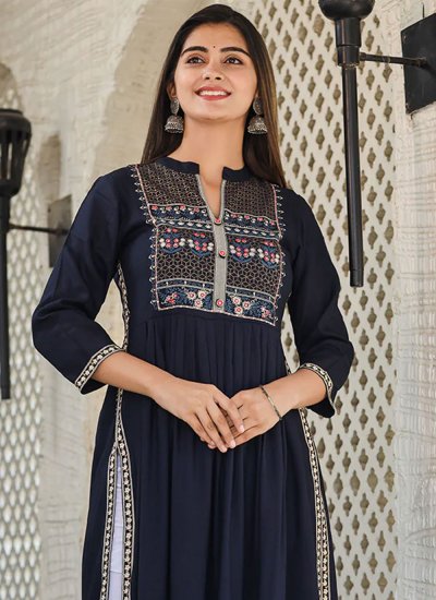 Navy Blue Embroidered Festival Party Wear Kurti