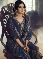 Navy Blue Embroidered Jacquard Silk Designer Pakistani Suit