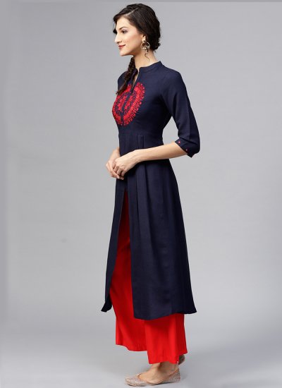 Navy Blue Embroidered Party Wear Kurti