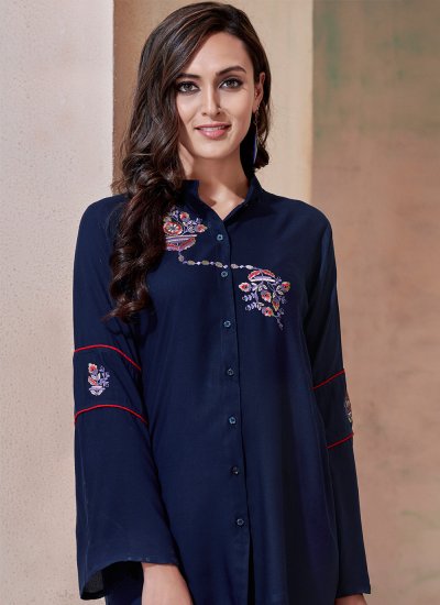 
                            Navy Blue Embroidered Party Wear Kurti