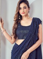 Navy Blue Embroidered Ready Pleated Saree