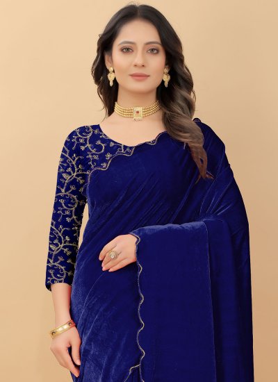 Navy Blue Embroidered Velvet Contemporary Style Saree