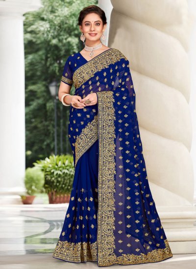 Navy Blue Embroidered Wedding Classic Saree