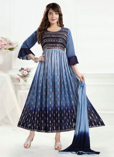 Navy Blue Faux Georgette Embroidered Readymade Gown