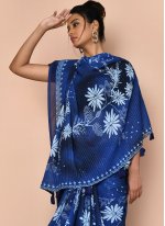 Navy Blue Faux Georgette Printed Contemporary Saree