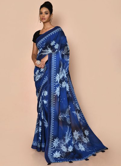 Navy Blue Faux Georgette Printed Contemporary Saree