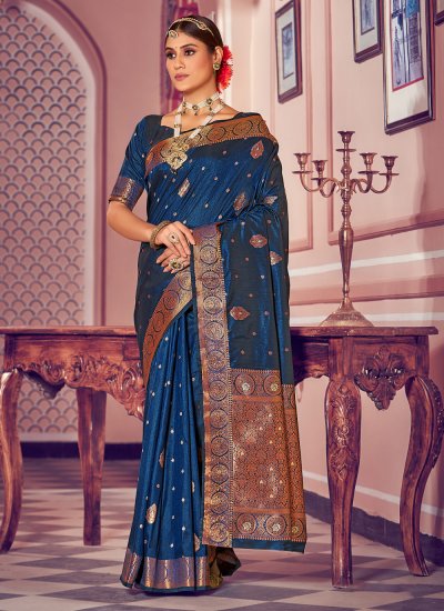 Navy Blue Festival Banarasi Silk Classic Designer Saree