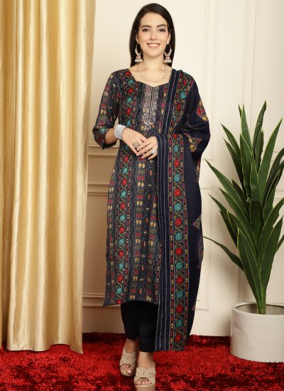 Navy Blue Pashmina Floral Print Designer Salwar Suit