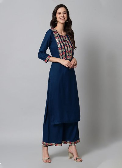 Navy Blue Viscose Embroidered Party Wear Kurti